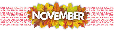 Autumn foliage on the white background, with percents and the text November Sale. Eps 10 vector file.のイラスト素材