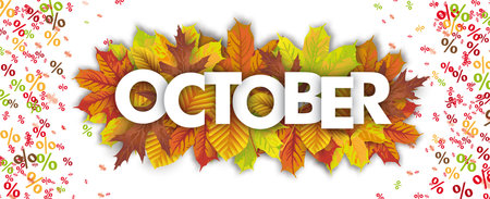 October Sale header with autumn foliage and percents on the white background. Eps 10 vector file.のイラスト素材