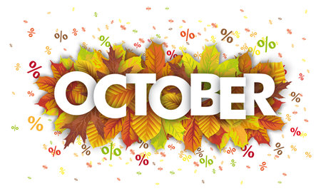 October Sale background with autumn foliage and percents. Eps 10 vector file.のイラスト素材