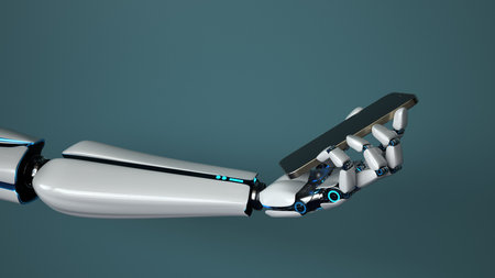 A humanoid robot hand with a smartphone. 3d illustration.の写真素材