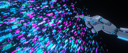 A humanoid robot hand clicks the prompts. . 3d illustrations.の写真素材