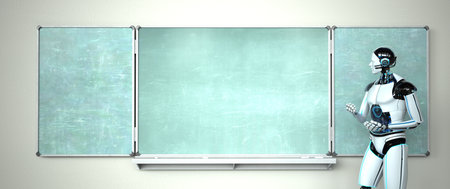 Humanoid robot in the classroom with a green chalkboard. 3d illustration.の写真素材