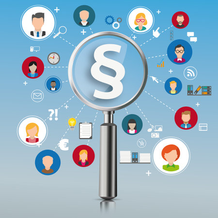 Loupe with humans and paragraph on the blue mirror background. Eps 10 vector file.のイラスト素材