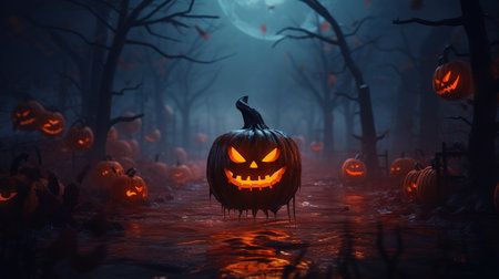 A Halloween pumpkin in the horror forest. Generative AI.の素材