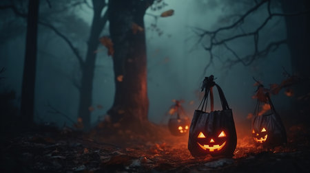 A Halloween shopping bag in the spooky forest. Generative AI.の素材