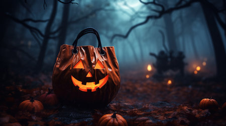 A Halloween shopping bag in the spooky forest. Generative AI.の素材