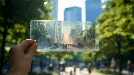 A human hand with glass cube with the vision of the green city. Generative AI.の素材