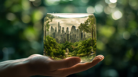 A human hand with glass cube with the vision of the green city. Generative AI.の素材
