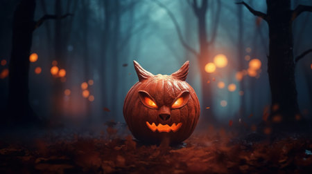 A scary pumpkin in the horror forest. Generative AI.の素材
