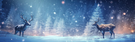 Magic Christmas banner with reindeer in the winter forest at night. Generative AIの素材