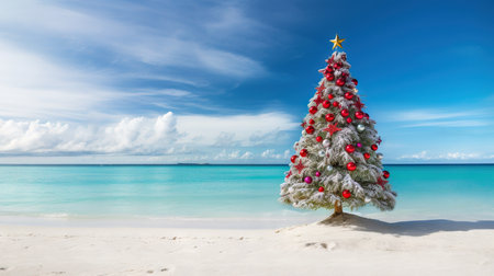 A Christmas tree on the beach. Generative AIの素材
