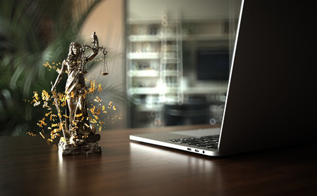 Business law concept with lady justice statue on the table in the home office. 3d illustrations.の写真素材