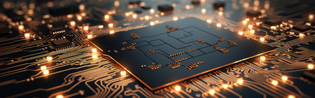 A futuristic circuit board with orange lights and processor. Generative AI.の素材