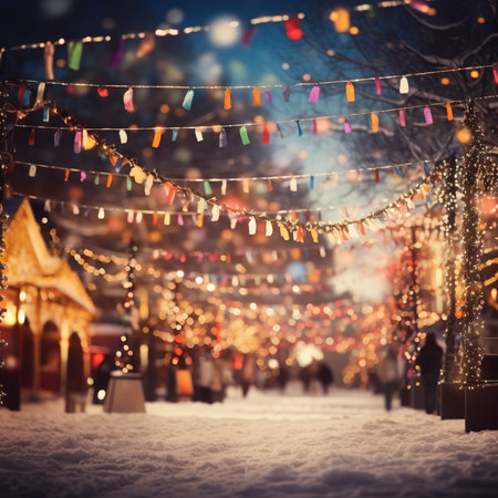 A cover of Christmas Market with bokeh lights at the evening. Generative AI.の素材