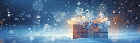 A Christmas gift box in the blue snow. Generative AIの素材