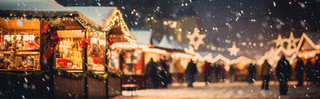 A banner of Christmas Market with bokeh lights at the evening. Generative AI.の素材