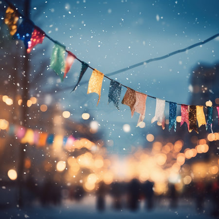 A cover of Christmas Market with bokeh lights at the evening. Generative AI.の素材