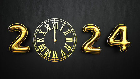 Golden colored balloons 2024 with a clock on the black wall. 3d illustrations.の写真素材