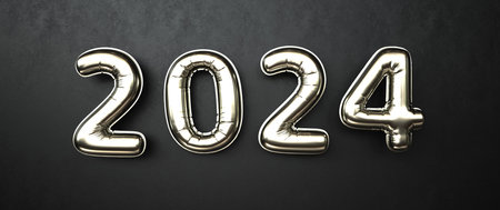 Platinum colored balloons 2024 on the black wall. 3d illustrations.の写真素材