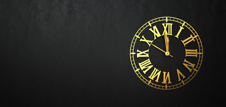 The golden New Year clock on the black wall. 3D illustrations.の写真素材