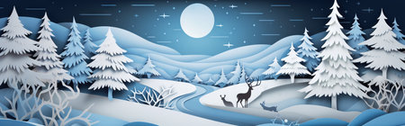 Christmas header in paper cut style with forest in the winter. Generative AIの素材