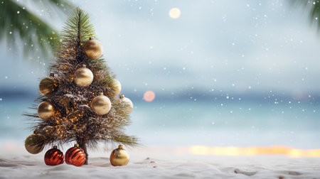 A Christmas tree on the beach. Generative AIの素材