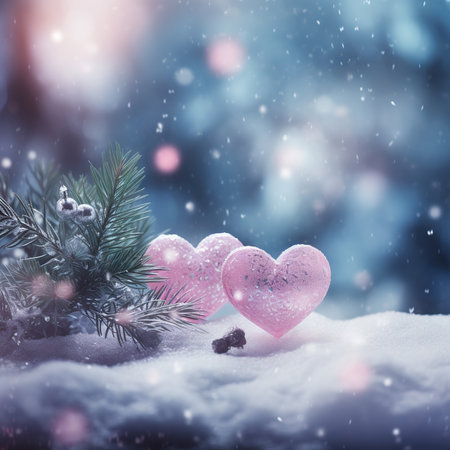 Hearts in the snow cover. Generative AI.の素材