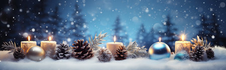 A magical Christmas banner with candles in the snow. Generative AI.の素材