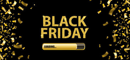 Black Friday banner with progress bar and golden confetti. Eps 10 vector file.のイラスト素材