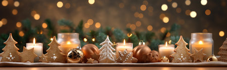 Christmas banner with candles and baubles in the snow. Generative AI.の素材