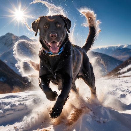 A black Labrador dog running in the snow with mountains in the background. Generative AIの素材