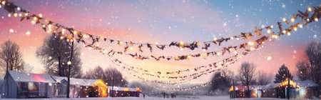 Winter festival banner with fairy lights. Generative AIの素材