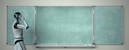 Humanoid robot in the classroom with a green chalkboard. 3d illustrations.の素材