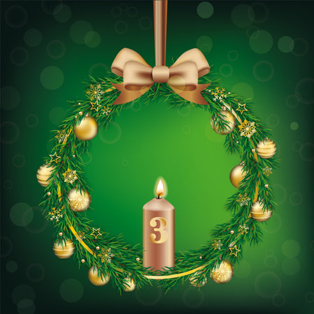 Third Advent wreath with green branches and golden baubles on the green background. Eps 10 vector file.のイラスト素材