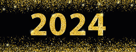 Banner with the golden particles with the number 2024. Eps 10 vector file.