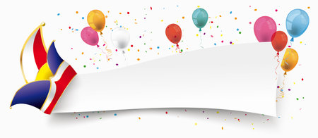 Jesters cap with white paper banner, colored balloons and confetti. Eps 10 vector file.のイラスト素材