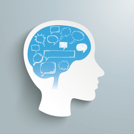 Human head with speech bubbles in the brain on the gray background. Eps 10 vector file.のイラスト素材