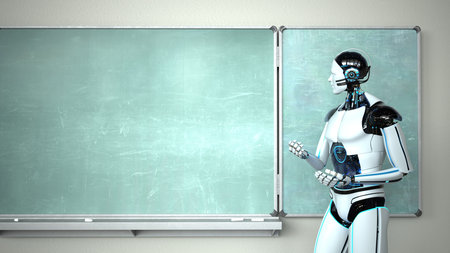 Humanoid robot in the classroom with a green chalkboard. 3d illustration.の写真素材