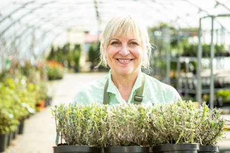 Cheerful woman in a greenhouse holding lavender pots in greenhouse.の写真素材