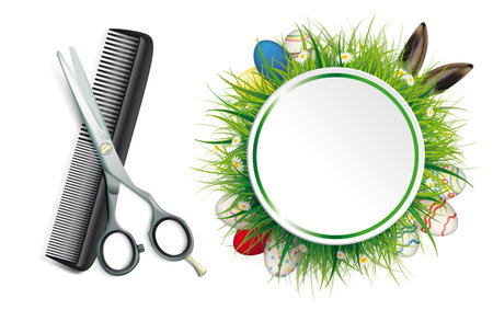 Easter label with hairdresser tools on the white background. Eps 10 vector file.のイラスト素材