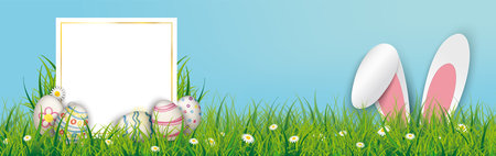 A easter banner with hare ears, and easter eggs. Eps 10 vector file.のイラスト素材