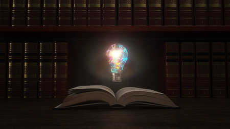 Open book with a glowing light bulb. 3d illustration.