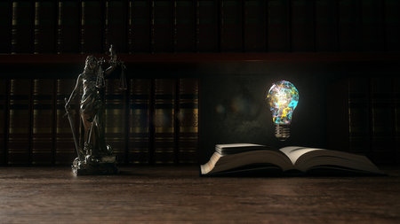 Lady Justice statue with open book with colored light bulb and bookshelf in the background. 3d illustration.の写真素材