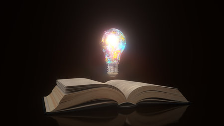 Open book with a glowing light bulb. 3d illustration.