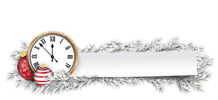 Frozen twigs, red bauble and paper sticker with the classic clock. Eps 10 vector file.のイラスト素材