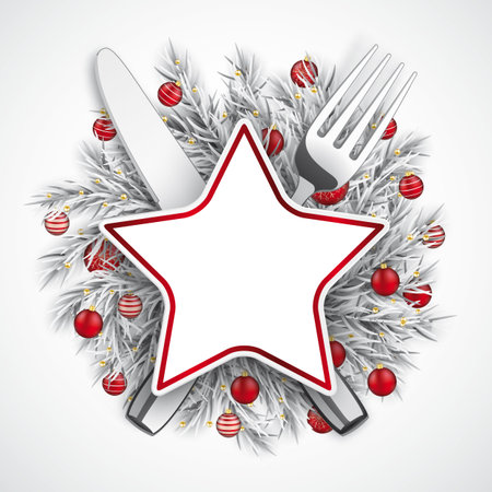 Red paper star with cutlery, frozen twigs, red baubles and snowfall in the back.  Eps 10 vector file.のイラスト素材