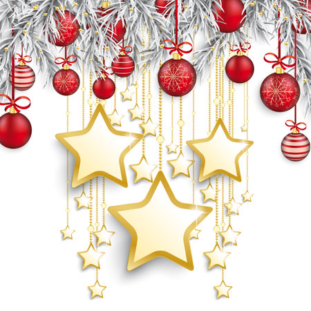 Frozen twigs with golden stars and red baubles on the red background. Eps 10 vector file.のイラスト素材