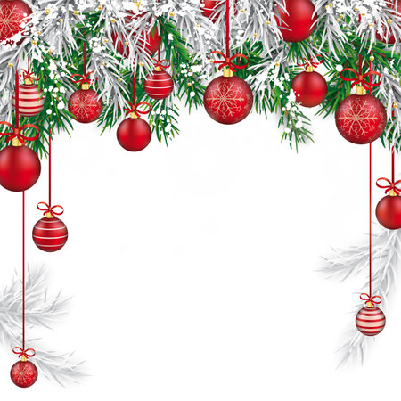 Christmas card with with snow, red baubles on the white background. Eps 10 vector file.のイラスト素材