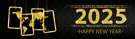 Happy new year 2025 banner with golden sand and price stickers with a world map. Eps 10 vector file.のイラスト素材