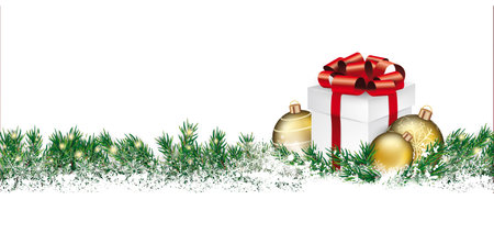 White Christmas card with snowflakes, gift and green Christmas twigs. Eps 10 vector file.のイラスト素材